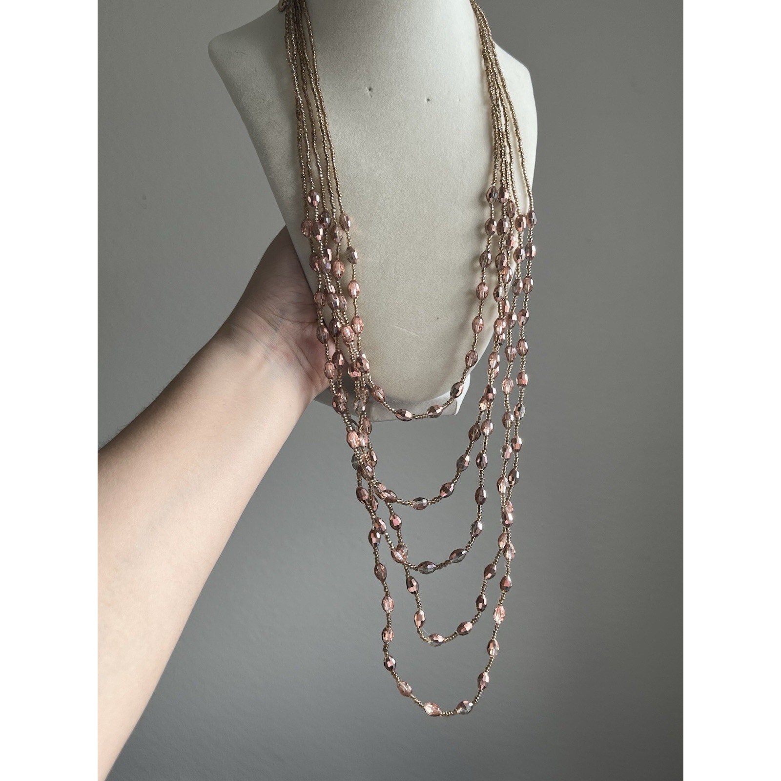 Vintage Jules Multi Layered Ab Coated Pink Seed Bead Beaded Bib Necklace